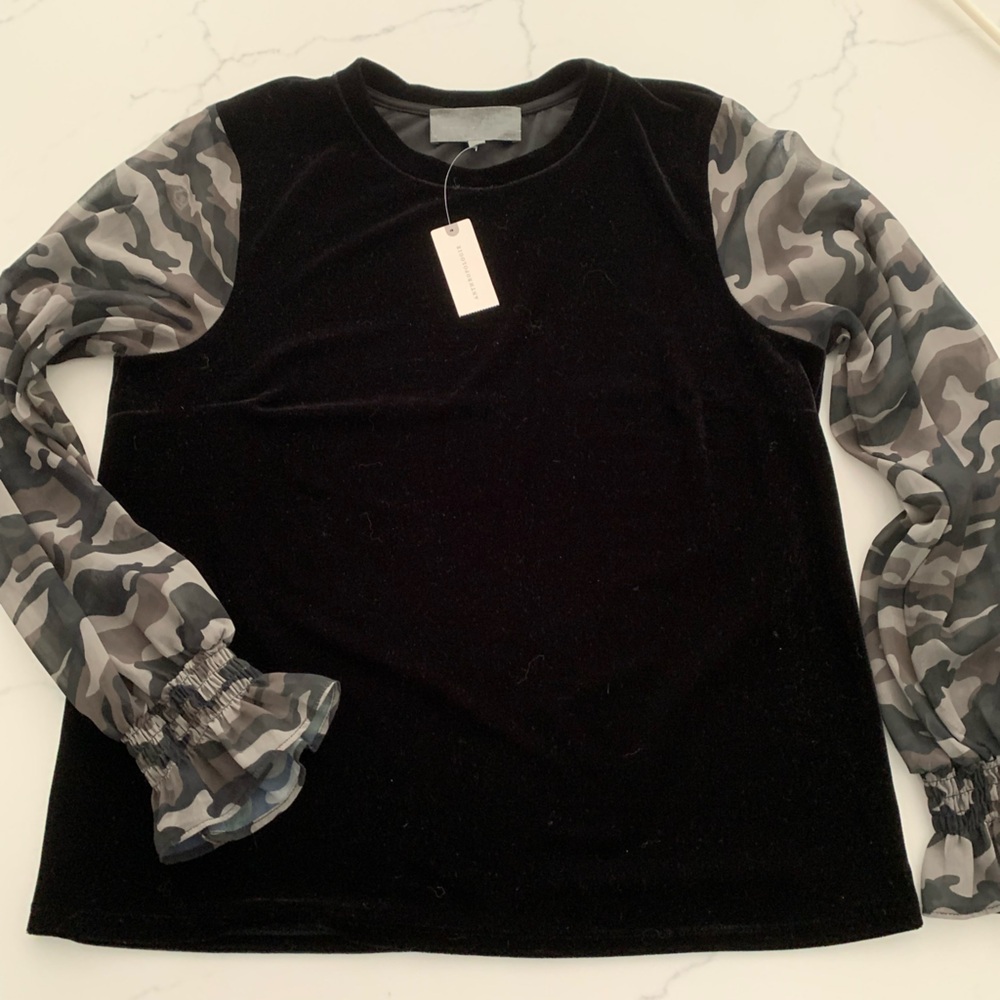 Anthropologie Small Sunday in Brooklyn Top Black Velvet w/ Green Came Sheer NWT